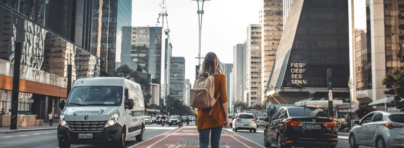 A woman who used the TD First Class Visa Infinite to book travel walks on a busy city street.