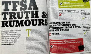 A photo of an article about TFSAs in an old MoneySense print magazine.