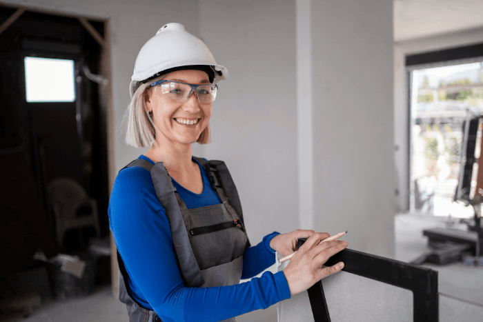 A woman with a hard hat working on a condo renovation
