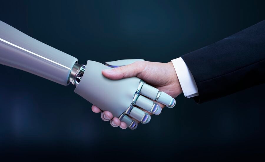 Business hand robot handshake, artificial intelligence digital transformation