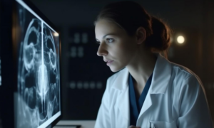 A woman in a lab coat looks at an X-ray on a lightbox
