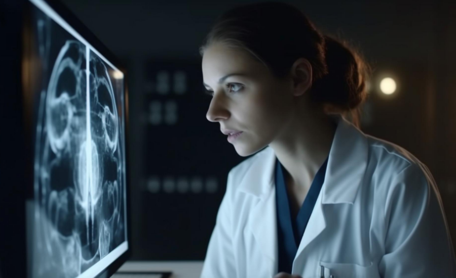 A woman in a lab coat looks at an X-ray on a lightbox