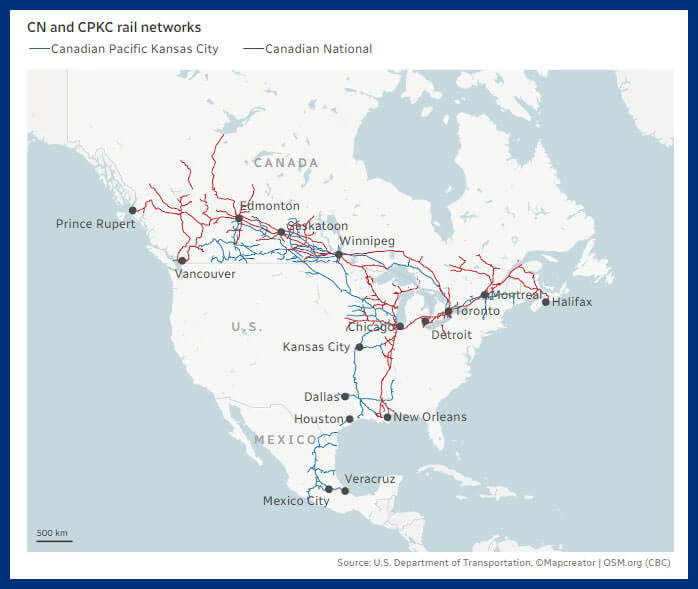 Map of railways, from Prince Rupert to Halifax down to Mexico City. 