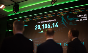 Traders watch a ticker screen at a stock exchange