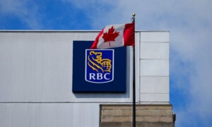 Canadian flag in front of a local bank branch