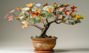 A bonsai tree growing paper money