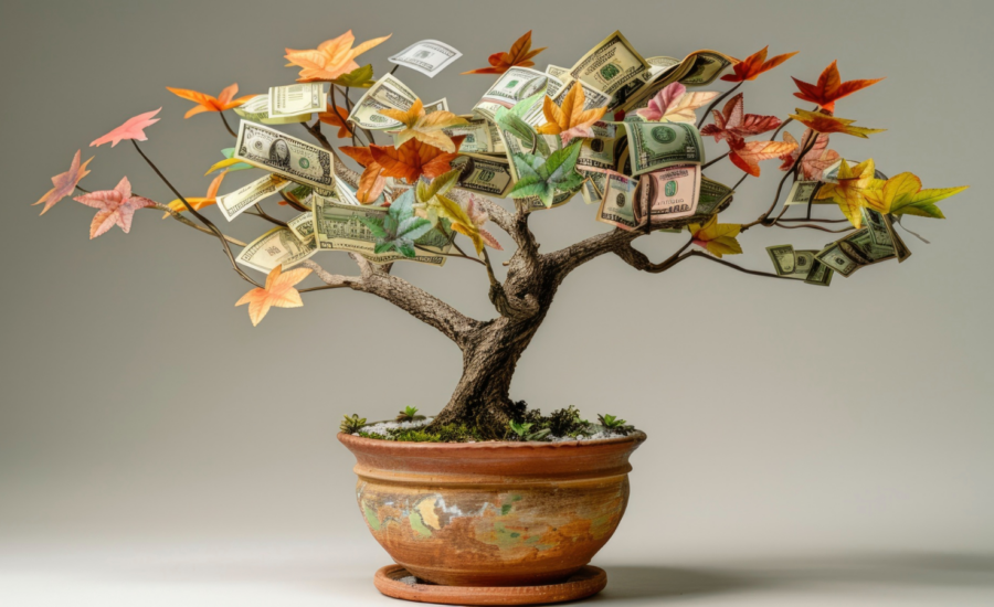 A bonsai tree growing paper money