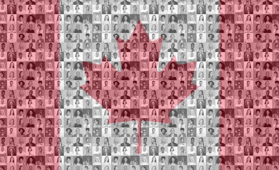 Different aged Canadians and the flag.