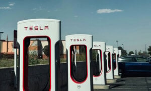 A line of Tesla charging stations.