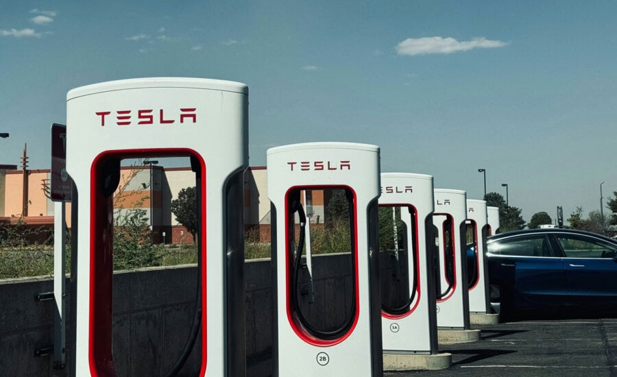 A line of Tesla charging stations.