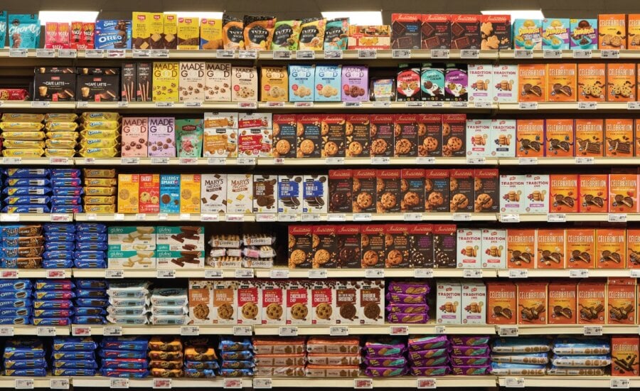 Grocery store shelf full of products