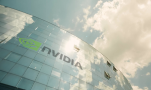 Nvidia logo on its glass office building in Paris