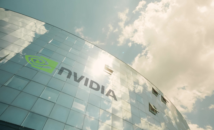 Nvidia logo on its glass office building in Paris