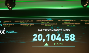 The S&P TSX composite index screen at the TMX Market Centre in downtown Toronto