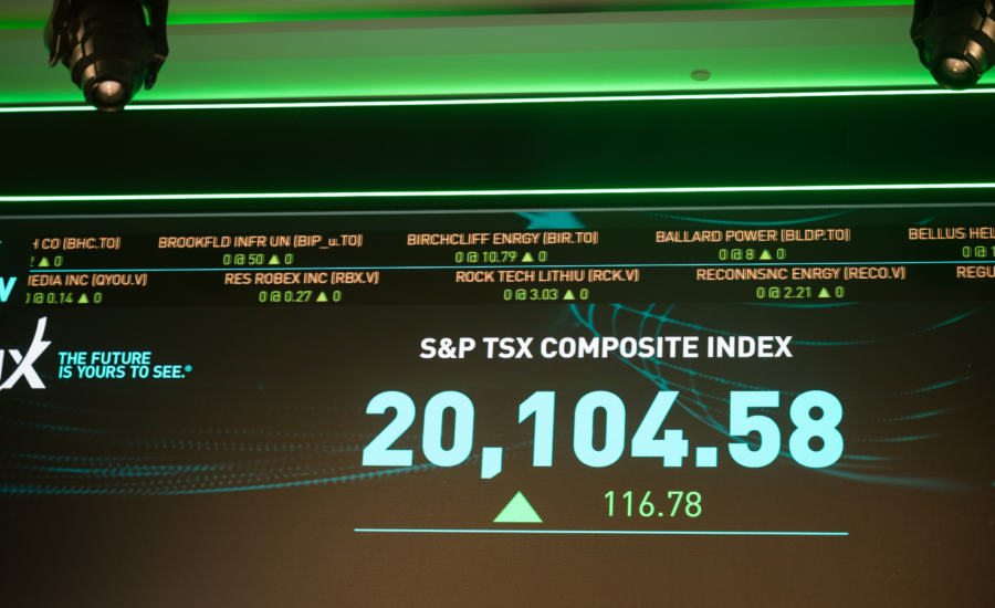 The S&P TSX composite index screen at the TMX Market Centre in downtown Toronto