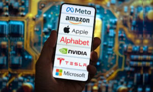 A phone listing all the tech stock, including Meta, Amazon, Apple, Nvidia and Microsoft.