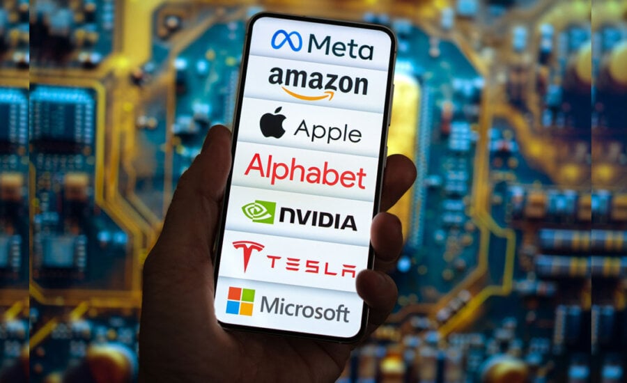 A phone listing all the tech stock, including Meta, Amazon, Apple, Nvidia and Microsoft.