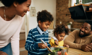 Parents cook with their two young kids