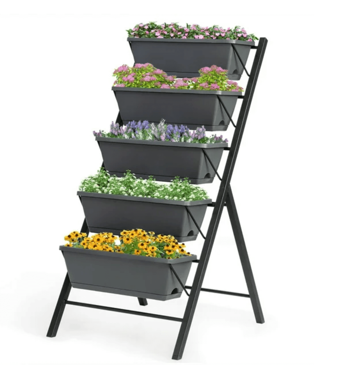 Five-tiered vertical garden planter filled with flowers