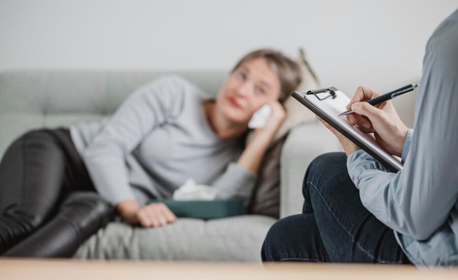 woman lies on psychiatrist's couch