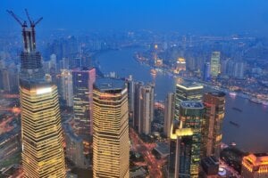 Shanghai aerial view with urban architecture at dusk