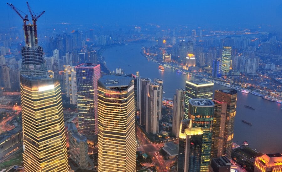 Shanghai aerial view with urban architecture at dusk