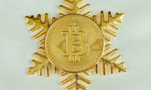 Gold coin shaped like a snowflake, stamped with a bitcoin logo