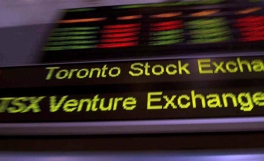 An electronic sign displays the name of the TSX Venture Exchange