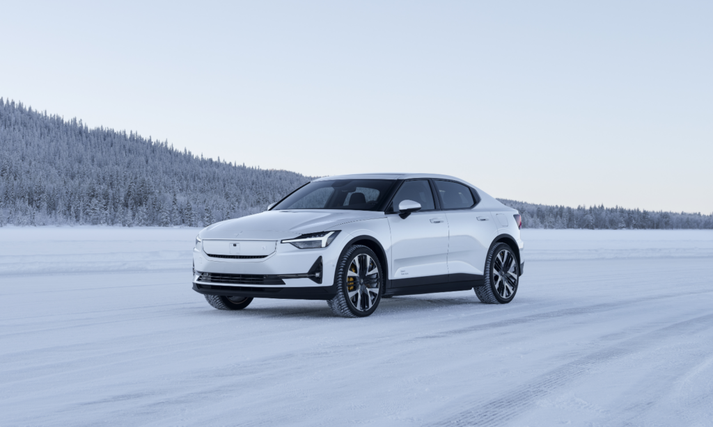 A Polestar 2 on a frozen lake