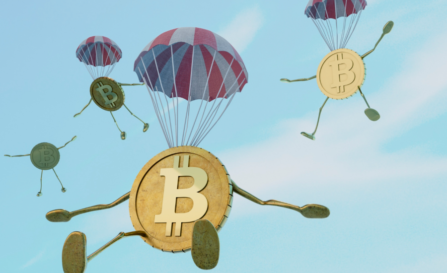 Illustration of bitcoin coins fallling from the sky with parachutes