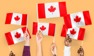 Six hands hold up Canada flags